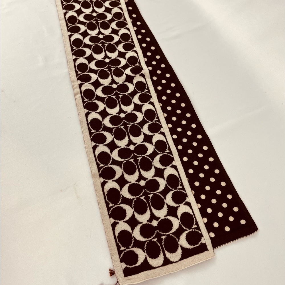 NWT Coach Signature C and Polka Dot Reversible Skinny Scarf Brown Cream - Picture 6 of 10
